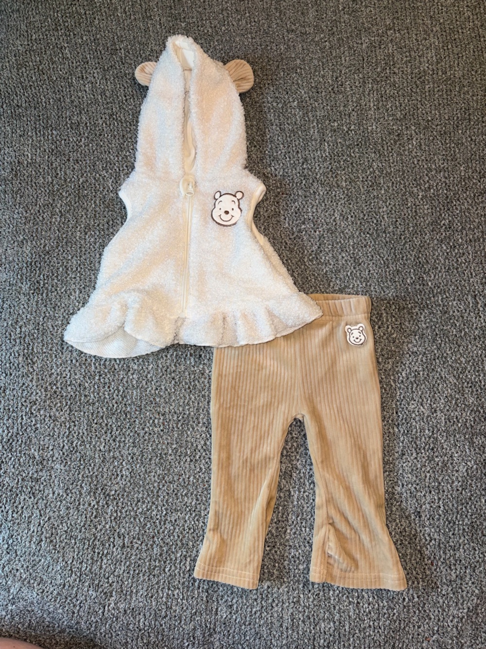 Disney Winnie the Pooh Cream Sherpa Vest Jacket and Tan Ribbed Pants Set